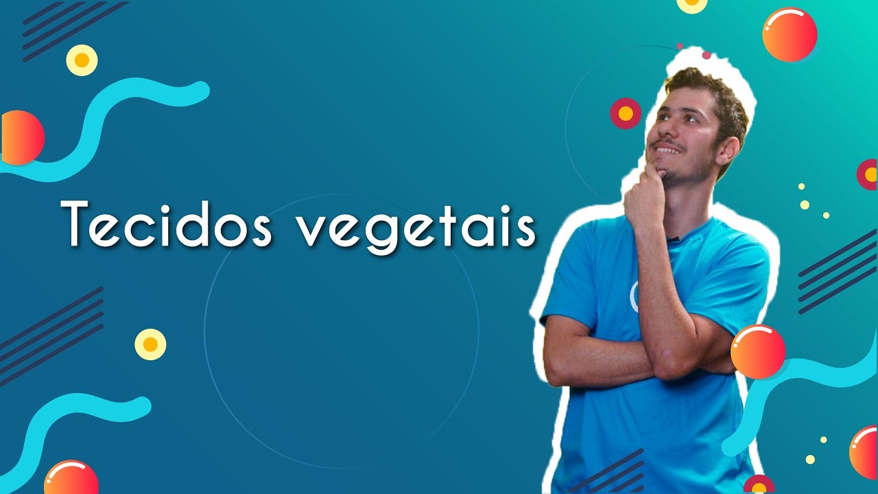 Professor ao lado do escrito "Tecidos Vegetais" em fundo azul.