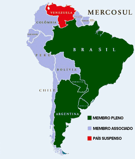 O Mercosul é um bloco econômico composto por países da América Latina. Em dezembro de 2016 a Venezuela foi suspensa.