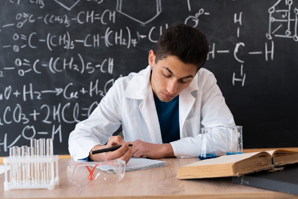 Estudante se preparando para uma prova de Química, uma das disciplinas cobradas no Enem.
