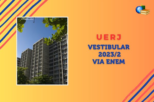 Foto do prédio da UERJ, fundo laranja. Texto Vestibular 2023/2 via Enem