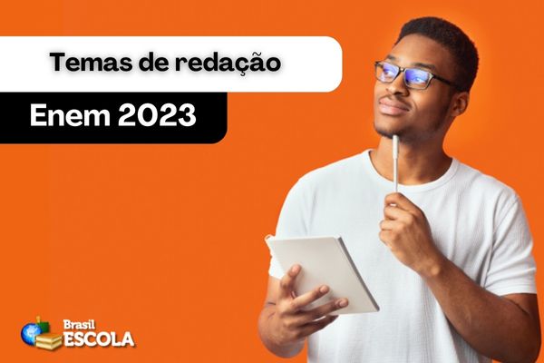 Pessoa branca com lápis na mão. Ao centro, agenda e meio escrito Banco de Redações