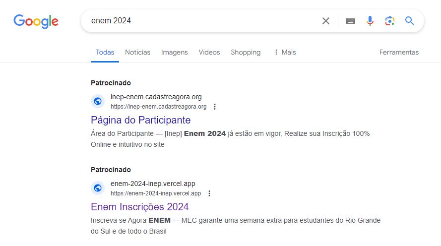 Páginas falsas de inscrição do Enem 2024 no Google