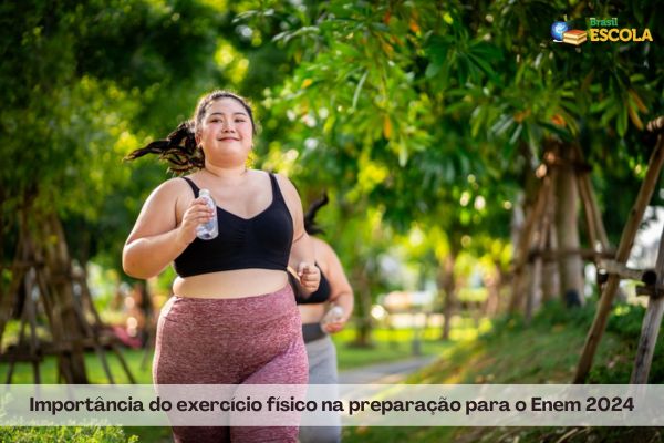 Mulher branca e gorda correndo em parque. Texto Importância do exercício físico na preparação para o Enem 2024