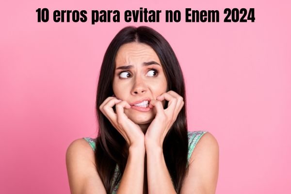 Estudante escrevendo redação com expressão trista. Na imagem, está escrito: Enem 2024: o que pode  zerar a redação?