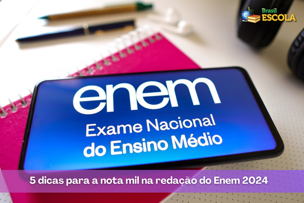 Folha de caderno, teclado de computador e celular com logo do Enem, texto O que levar e não levar no dia do Enem 2024