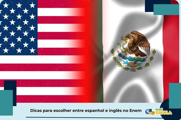 Bandeira do Estado Unidos e do México. Texto na imagem: Dicas para escolher entre espanhol e inglês no Enem.