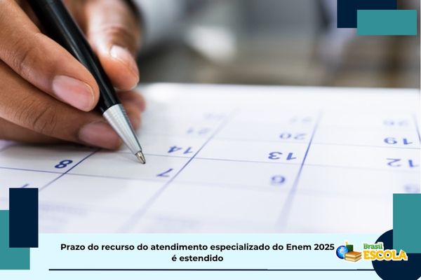 Mão marca calendário. Texto na imagem: Prazo do recurso do atendimento especializado do Enem 2025 é estendido