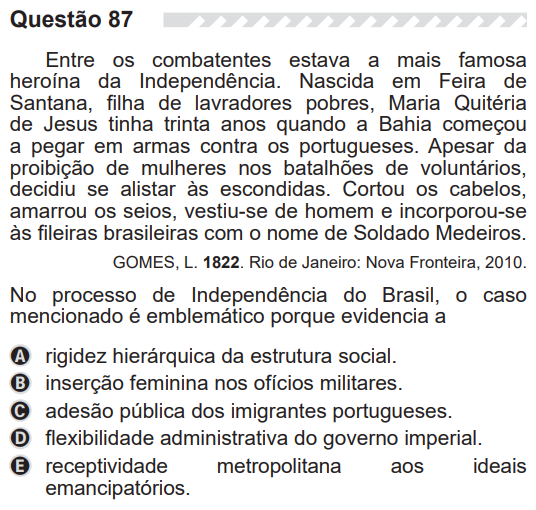 Questão 87 do caderno rosa do Enem 2019.