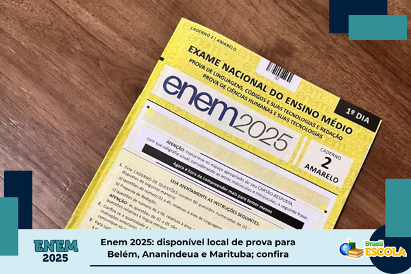 Foto dos cadernos de prova do Enem. Texto: título da notícia.