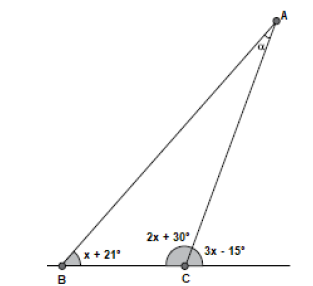 Triângulo ABC em que um ângulo externo, em graus, mede 3x – 15º e os ângulos internos medem 2x + 30º e x + 21º