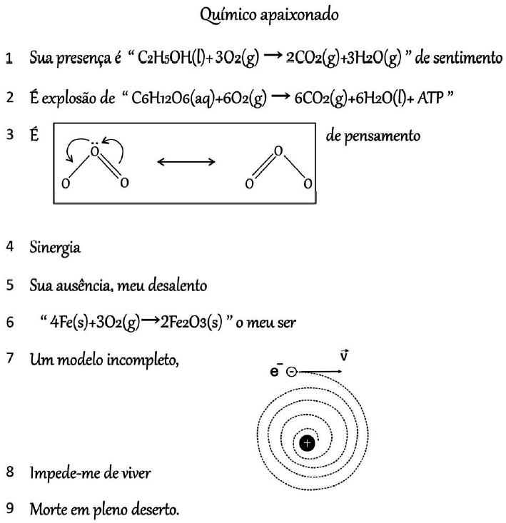 Conceitos químicos explorados em poesia com temática de amor.