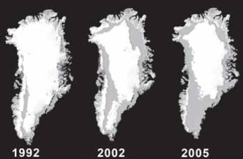 Imagem mostra deterioração das geleiras da Groenlândia ao longo dos últimos anos.