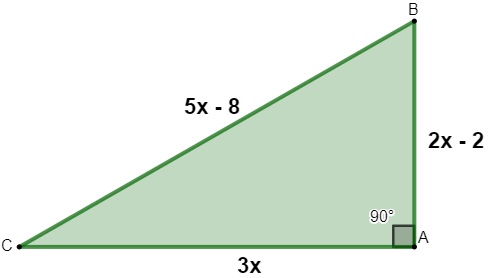 Triângulo retângulo com lados medindo 5x – 8, 2x – 2 e 3x