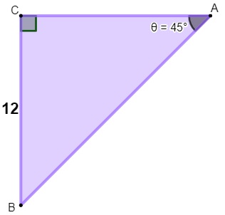 Triângulo retângulo com ângulo de 45º e lado medindo 12 m
