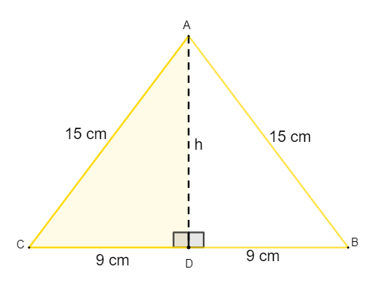 Triângulo com lados de 15 cm, base dividida de 18 cm e altura traçada