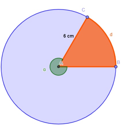 Setor circular, destacado na cor laranja, com área igual a 6\pi cm^2.