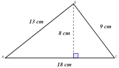 Ilustração de um triângulo com altura medindo 8 cm e lados medindo 13 cm, 18 cm e 9 cm.