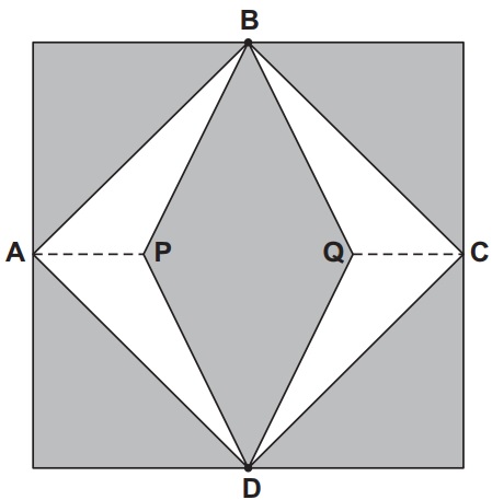  Ilustração de um vitral em que A, B, C e D são pontos médios dos lados do quadrado e AP e QC têm 1/4 do lado do quadrado.