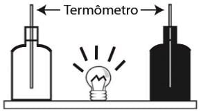 Ilustração de duas garrafas PET, uma pintada de branco e a outra de preto, acopladas cada uma a um termômetro.