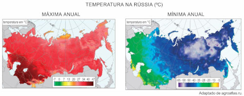 Mapa da Rússia representando altas e baixas temperaturas
