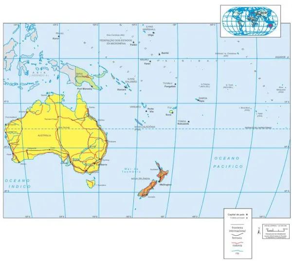 Mapa com continente localizado entre o Índico e o Pacífico.