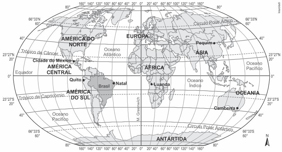 Planisfério com representação dos continentes 
