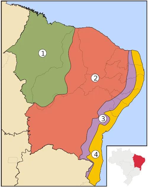 Mapa das sub-regiões nordestinas: 1- Meio-Norte, 2- Sertão, 3- Agreste e 4- Zona da Mata.