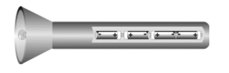 Quatro pilhas em uma lanterna em uma questão do CFT sobre associação de geradores elétricos.
