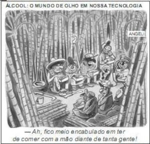Charge sobre a pobreza dos cortadores de cana-de-açúcar em exercício do Enem sobre charges.