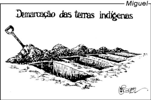Charge sobre a demarcação das terras indígenas em exercício do Enem sobre charges.