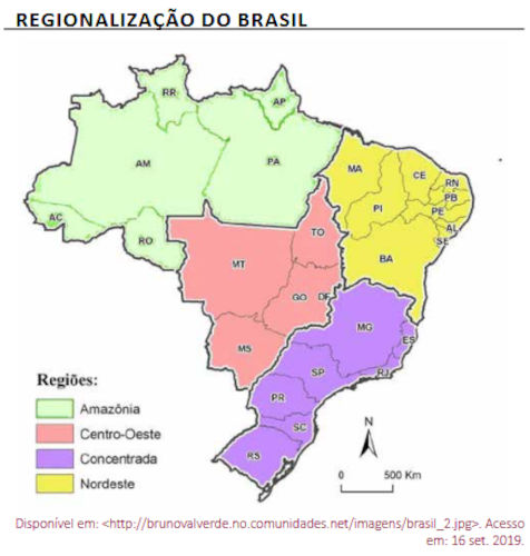 Mapa retratando uma divisão regional do Brasil em exercício da UFGD sobre divisão regional brasileira.