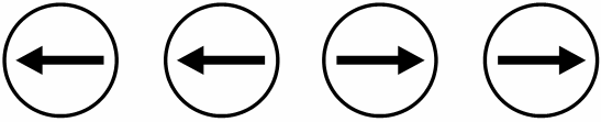 Pares de agulhas magnéticas em sentidos opostos (duas à direita, duas à esquerda)