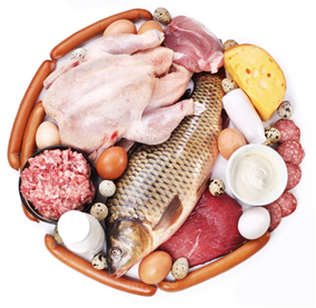 Exemplos de alimentos de laticínios e carnes