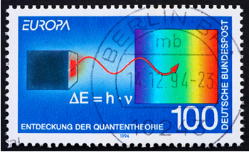 Teoria quântica de Max Planck Selo impresso na Alemanha (1994) que mostra a descoberta da teoria quântica de Max Planck