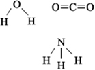 Moléculas de água, dióxido de carbono e amônia