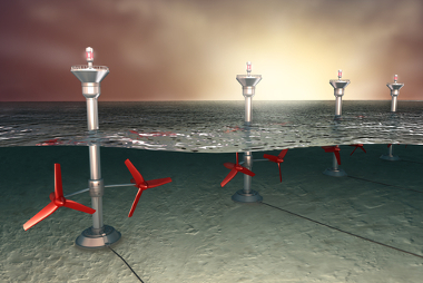 Ilustração de turbinas instaladas no mar para a geração de energia maremotriz