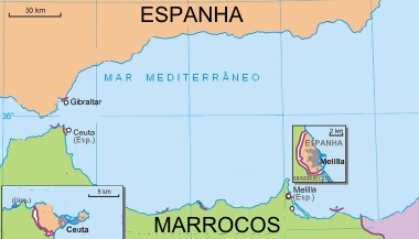 Mapa de maior escala com a localização de Ceuta e Melilla ¹