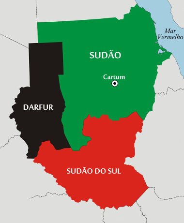 Mapa do Sudão, Sudão do Sul e da região de Darfur