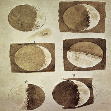 Esses são desenhos das fases da Lua feitos por Galileu Galilei a partir de observações com telescópio