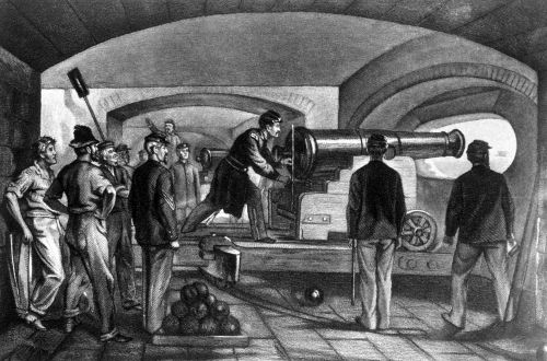 Ilustração representa os soldados da União defendendo o Forte Sumter do ataque confederado em 1861