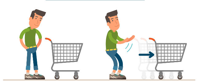 Ilustra&ccedil;&atilde;o de um homem empurrando um carrinho para representar a Primeira Lei de Newton