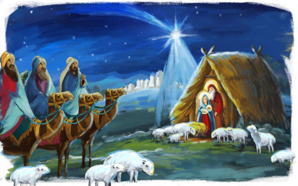 Ilustração que representa a cena dos três magos visitando Jesus. Na imagem, é perceptível a Estrela de Belém.
