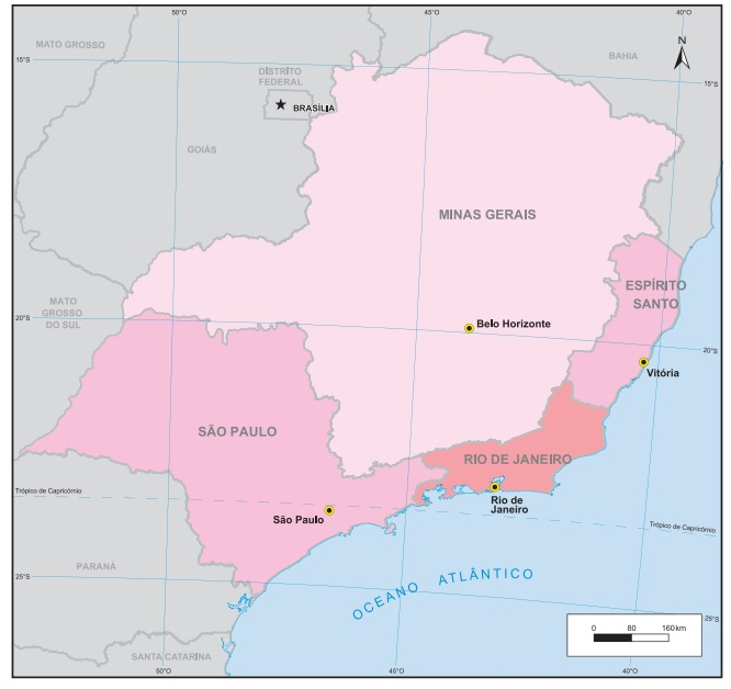 Mapa da Região Sudeste do Brasil, composta por quatro estados.