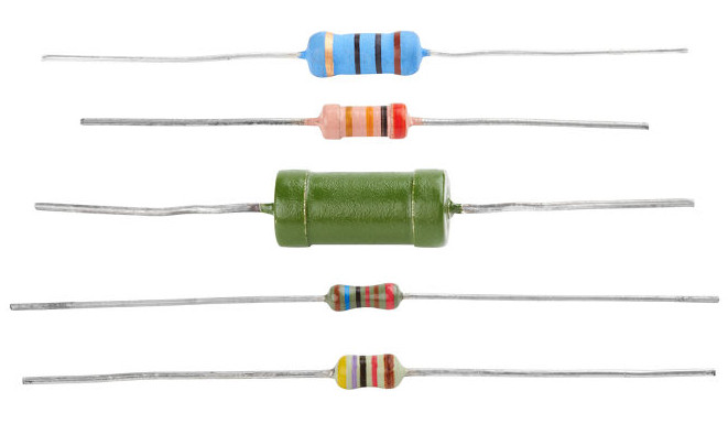 Os resistores são apresentados em diversas cores e formatos.