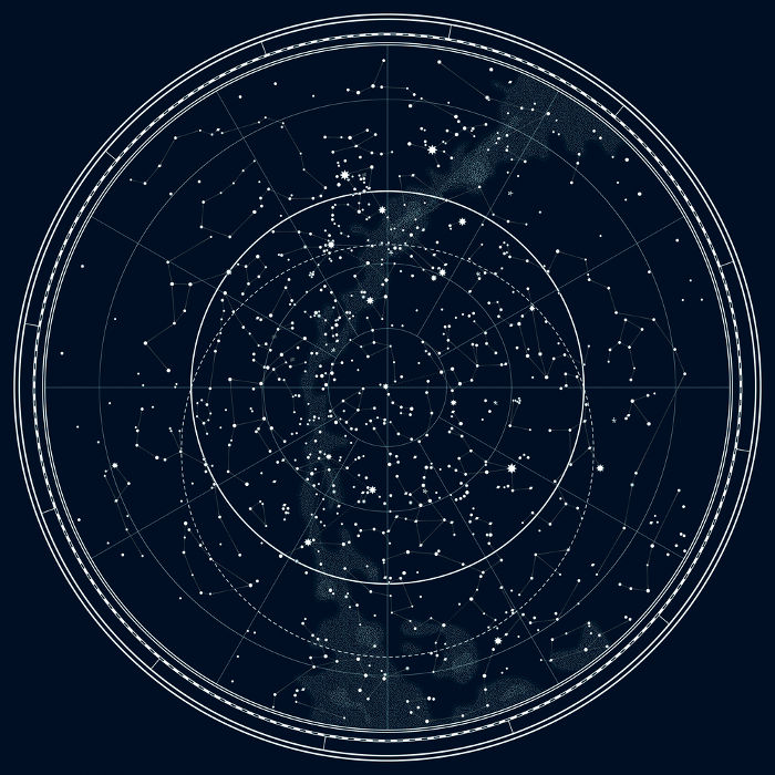 O mapa celeste acima retrata o formato das 88 constelações existentes.