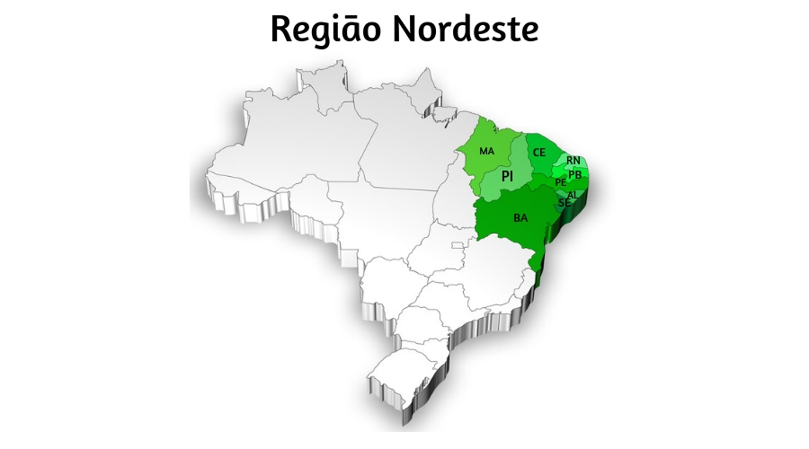 Mapa do Brasil com destaque em verde na Região Nordeste