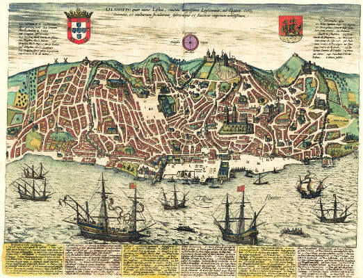 Mapa de Lisboa de 1598 mostra o delineado das ruas da cidade. A Lisboa de antes do terremoto era desorganizada e tinha ruas estreitas e sinuosas.**