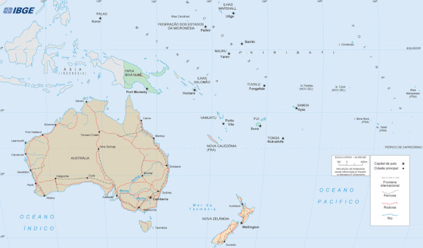 Os países que formam a Oceania estão localizados entre os oceanos Pacífico e Índico, na zona intertropical e temperada do sul. (Fonte: IBGE)
