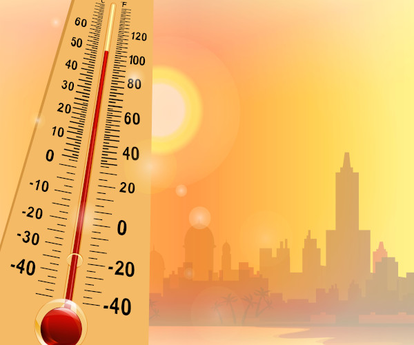 Termômetro em uma cidade ensolarada representando as consequências do desmatamento.
