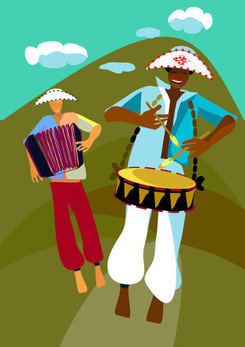 Ilustração de duas pessoas tocando instrumentos do baião, dança típica do folclore brasileiro.